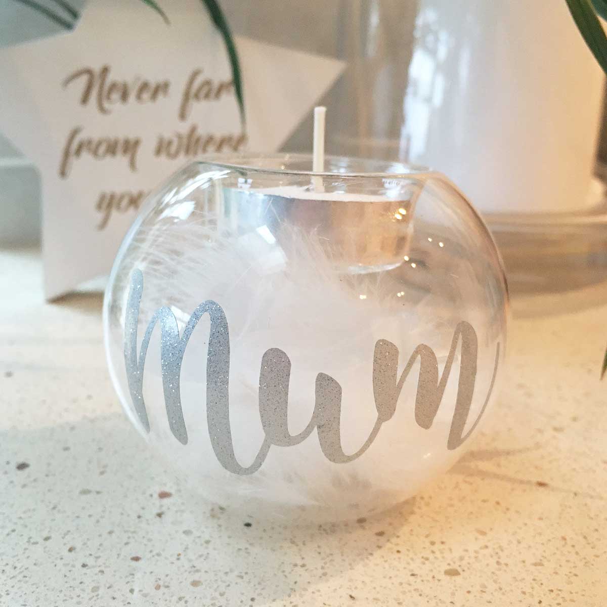 Personalised Feather Filled Glass Memorial Tea Light Holder