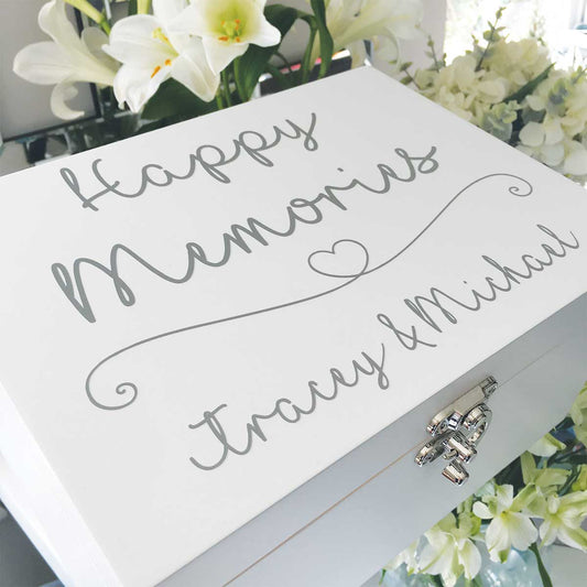 Any Name/Message Heart White Luxury Wooden Keepsake Box (Black, Silver, Gold, Pink or Blue)