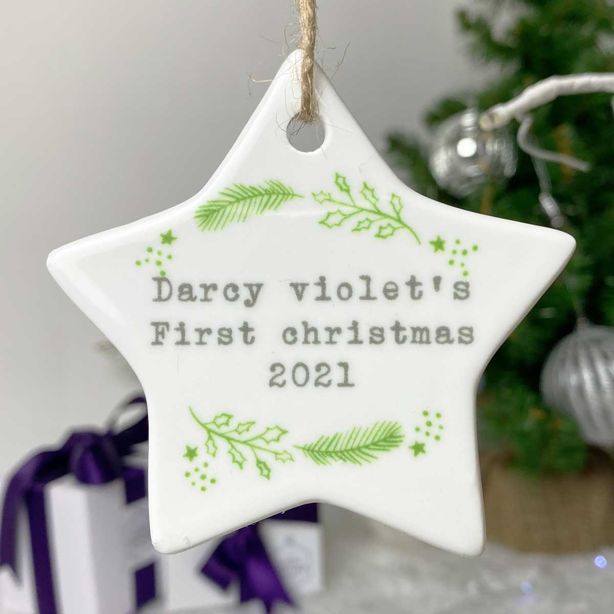 Personalised "Any Message" Holly Design Ceramic Star Decoration