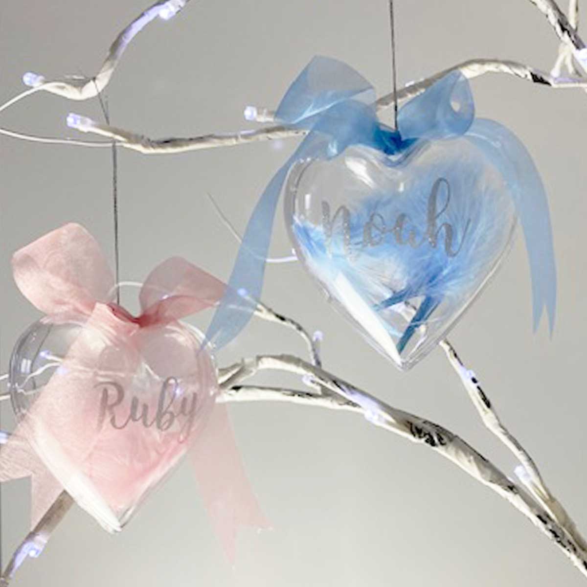 Personalised Pink Feather Filled Glass Heart Bauble