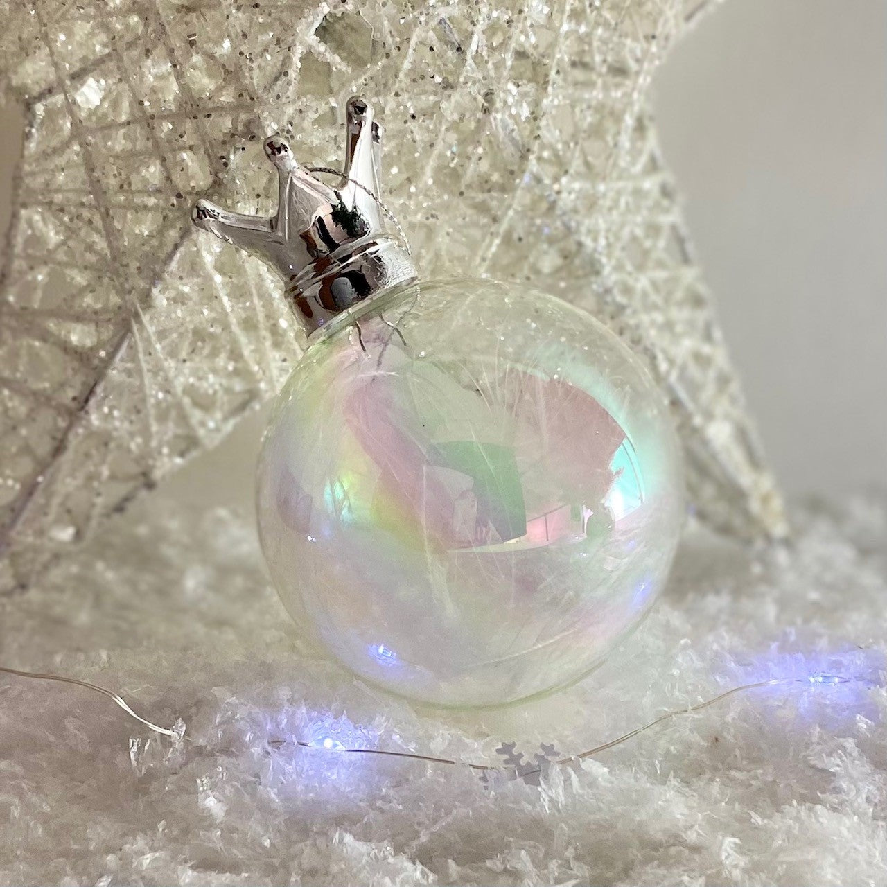 Iridescent Glass Crown Feather Filled Bauble