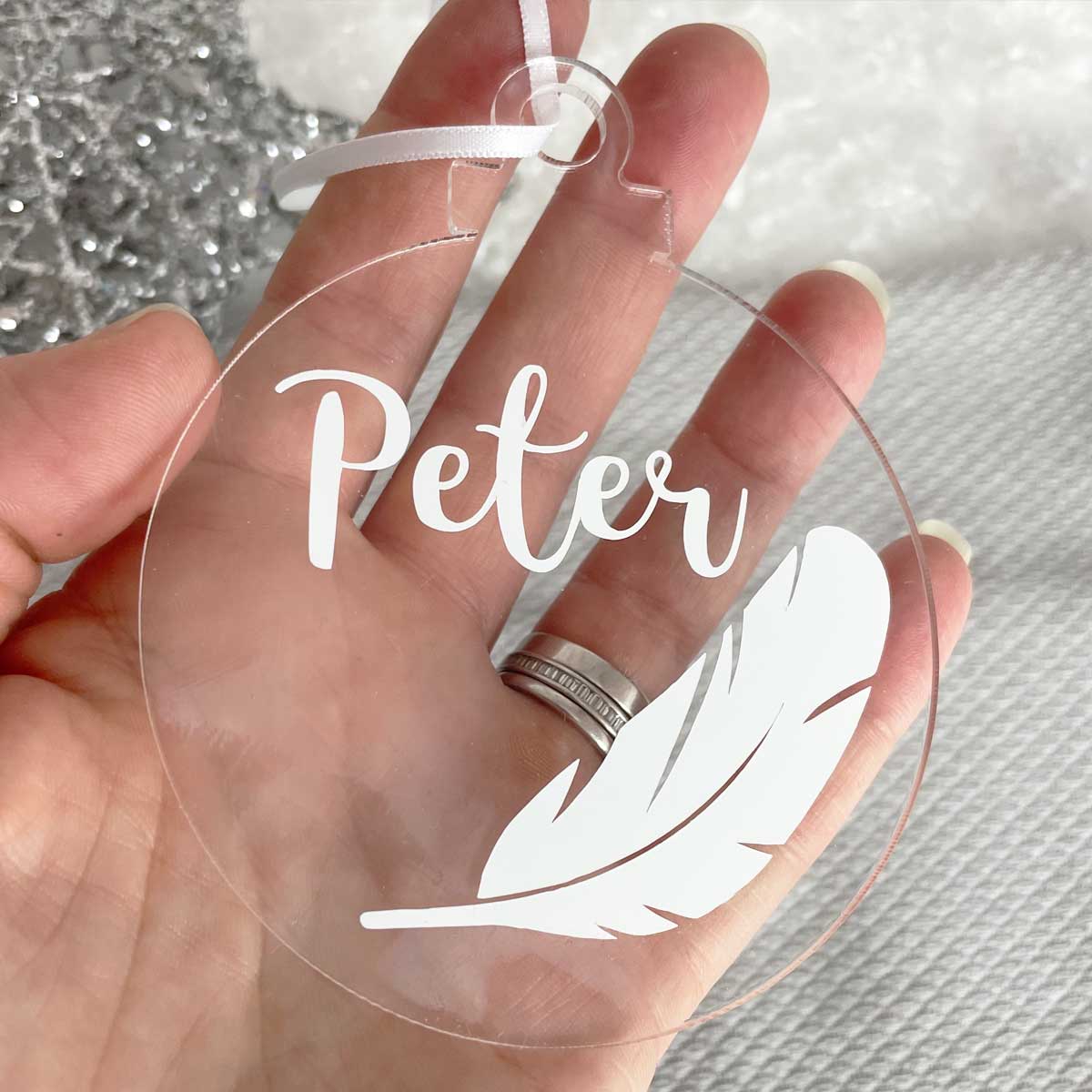 Personalised Acrylic White Feather Christmas Decoration